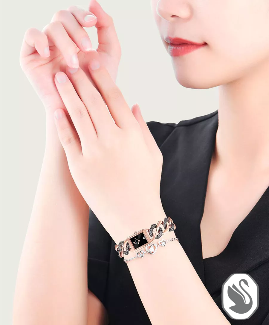 Swarovski Cocktail Ss Black Watch 24.5mm X16.5mm